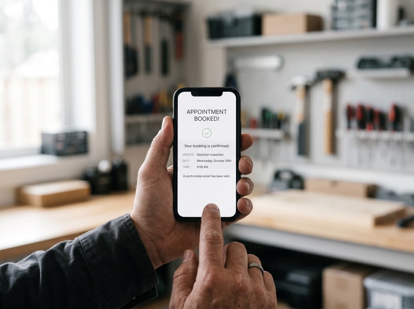 A phone showing a confirmed TradeFlow booking in a workshop