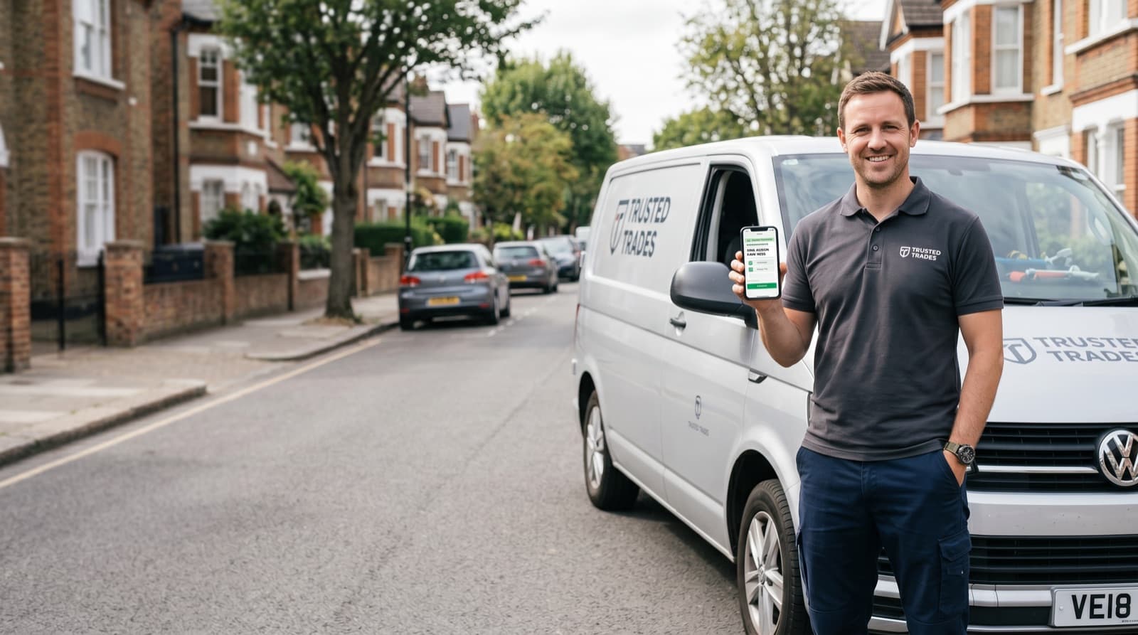 A UK tradesperson by their branded van, booking a job on their phone